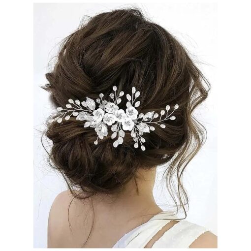 Latious Silver Flower Bride Wedding Hair Comb Pearl Bridal Side Comb Crystal Hair Piece Leaf Hair Accessories for Women and Girls ( Silver )