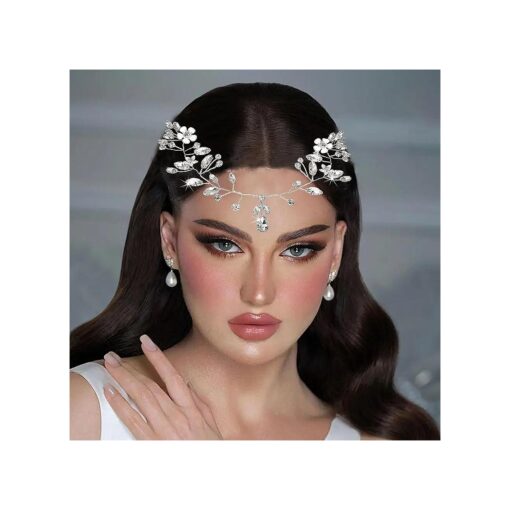 Catery Rhinestones Bride Wedding Headband Silver Hair Vine Crystal Hair Band Flower Hair Vine Headpiece Bridal Hair Accessories for Women and Girls