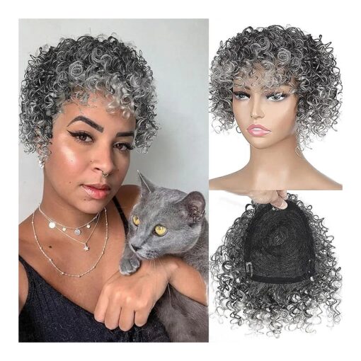 Afro Curly Hair Topper Silver Grey Synthetic Toppers Hair Pieces for Women, Hairpieces Toppers Pieces for Black Women With Thinning Hair Clip in Hair Topper With Bangs ( 1B/T0906 )