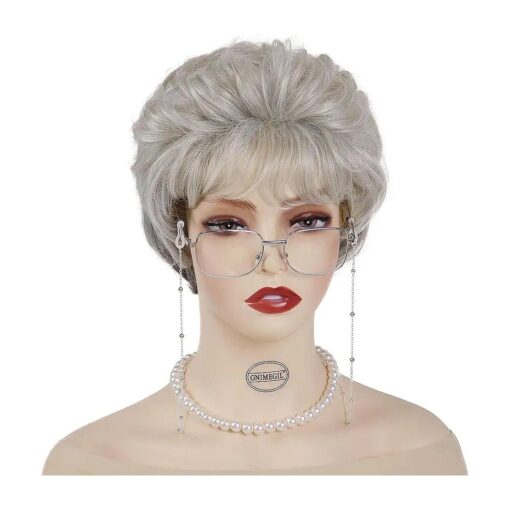 GNIMEGIL Short Curly Hair Wigs for Women Silver Grey Wig Golden Girls Wig Old Lady Costume Grandma Wig Gray Synthetic Wigs Mommy Granny Wig ( Silver Wig Set )