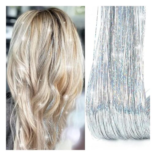 Silver Hair Tinsel Kit with Tools Tinsel Hair Extensions Fairy Hair Tinsel Kit Heat Resistant, Sparkling Glitter Hair Extensions Tensile Hair Accessories for Women Girls Kids ( Silver )