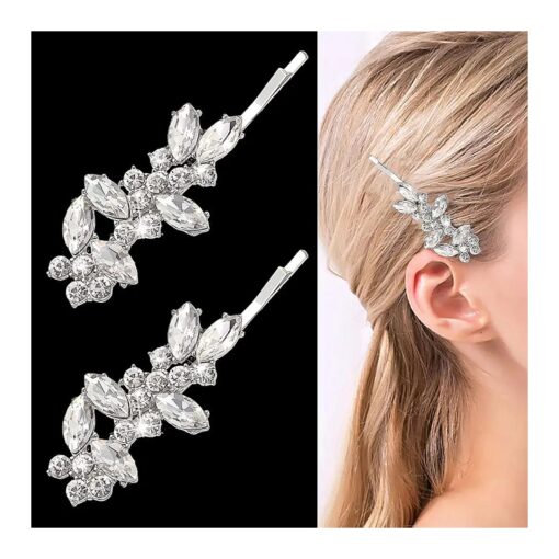 2 Pieces Rhinestone Bridal Hair Clips Leaf Wedding Hair Pins Crystal Bobby Pins Silver Rhinestone Hair Accessories for Brides Bridesmaids Flower Girls ( Silver Leaves )