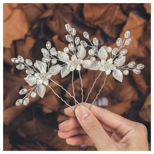 Gorais Flower Bride Wedding Hair Pins Silver Leaf Bridal Hair Pieces Rhinestone Hair Accessories for Women and Girls ( Pack of 3 ) ( A-Silver )