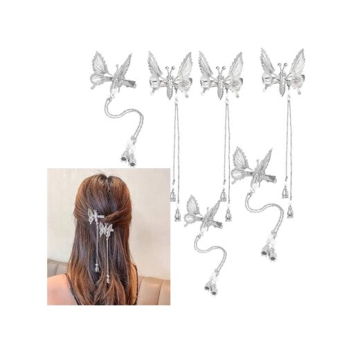 6Pcs Moving Butterfly Tassel Hair Clips, Elegant Antique Side Hairpins Decorative Accessories for Women Girls ( Silver )