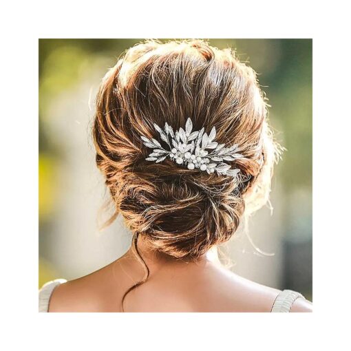 Yean Bride Leaf Wedding Hair Comb Rhinestone Bridal Hair Piece Pearl Hair Accessories for Women and Girls ( Silver )