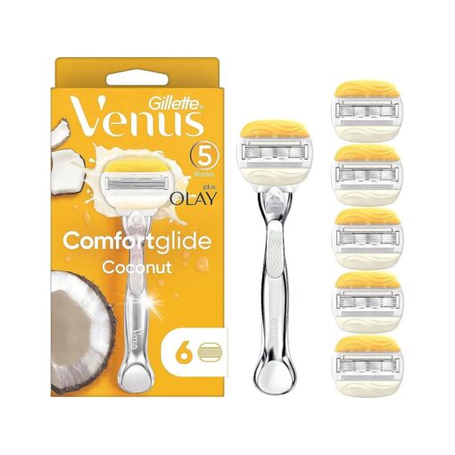 Gillette Venus Comfortglide with Olay Coconut Womens Razor Handle + 6 Blade Refills, Silver