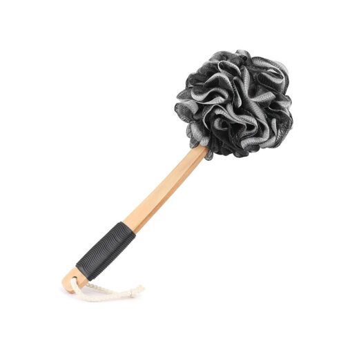 Black Loofah on a Stick PE Soft Mesh Luffa with Non-Slip Wooden Handle Made of Soft and Sturdy Rubber Material Back Scrubber for Shower for Women and Men with String for Easy Hanging