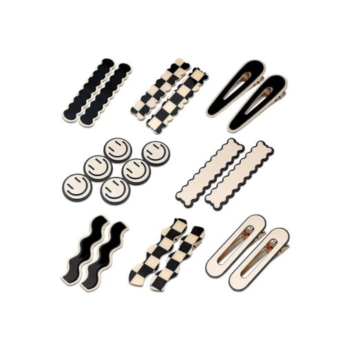 16 PCS Magicsky Simple No Bend Hair Clips, Black White Checker Barrettes, No Crease Wave Geometric Duckbill pins, Korean Styling Minimalist Hairpin Hair Accessories, Gifts for Women Girls