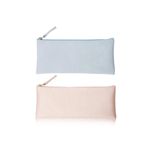 PU Leather Pencil Cases Pouch Bag with Zipper, Small Simple Pencil Pouches, Makeup Pouch, Cosmetic Pouch ( Blue+Pink )