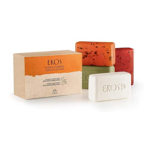 Linha Ekos Natura - Sabonetes em Barra Puro Vegetal Sortidos Cremosos ( Andiroba e Castanha ) e Esfoliantes Refrescantes ( Buriti e Pitanga ) 4 x 100 Gr - ( Assorted Vegetable Bar Soaps 4 x Net 3.5 Oz )