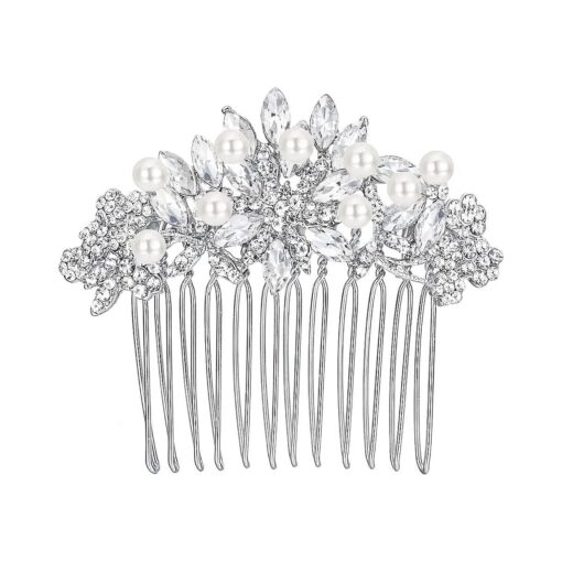 EVER FAITH Wedding Hair Accessories Austrian Crystal Cream Simulated Pearl Bridal Bride Leaf Flowers Hair Comb Clear Silver-Tone