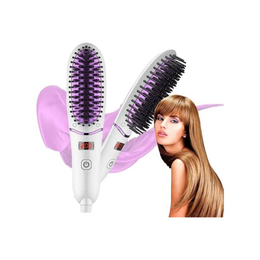 Mini Hair Straightening Brush, Ionic Hair Straightener Brush with 5 Adjustable Temperatures, LED Display, Hair Care, Anti Static, Suitable Gift for Daughter or Girlfriend