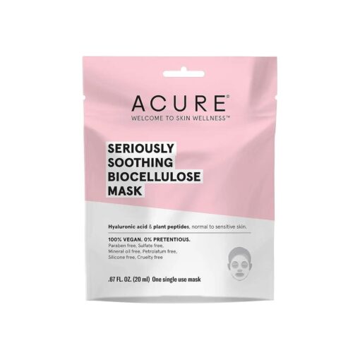 Acure Seriously Soothing Biocellulose Gel Mask | 100 % Vegan | For Dry to Sensitive Skin | Hyaluronic Acid & Plant Peptides - Soothes & Hydrates | Single Use Mask | 1 Count, Multi Color