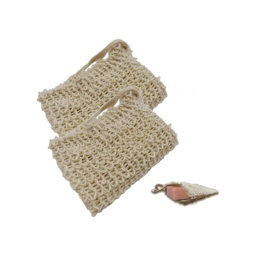 2 Pack Soap Exfoliating Bag Natural, Soap Saver with Drawstring and Wooden Bead Holder, Exfoliating Loofah Pouch for Bathroom Shower