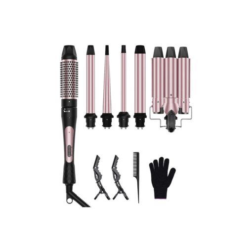 6 in 1 Curling Iron, 3 Barrel Curling Iron Set with Curling Brush ( 1.5inch ) and 5 Interchangeable Ceramic Curling Wand ( 0.35" -1.25" ), 2 Temp Heating Setting, Contain Comb & Protective Glove & 2 Clips