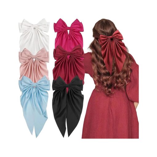 6 Pack Silky Satin Hair Barrettes Clip for Women, Large Hair Bow Fable Bow Clips for Women Girl Toddlers Girls, Handmade Big Bows Hair Accessories for Kids Teenagers Lady