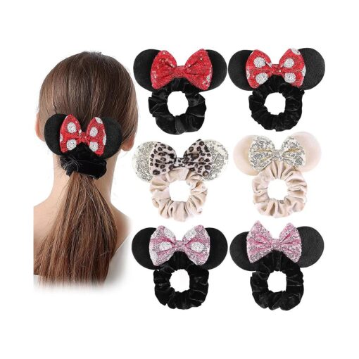 6 Pcs Mouse Scrunchies, Shiny Bows Mouse ears for Birthday Parties, Themed Events, A Perfect Addition to Your Trip Essentials and Accessories For women