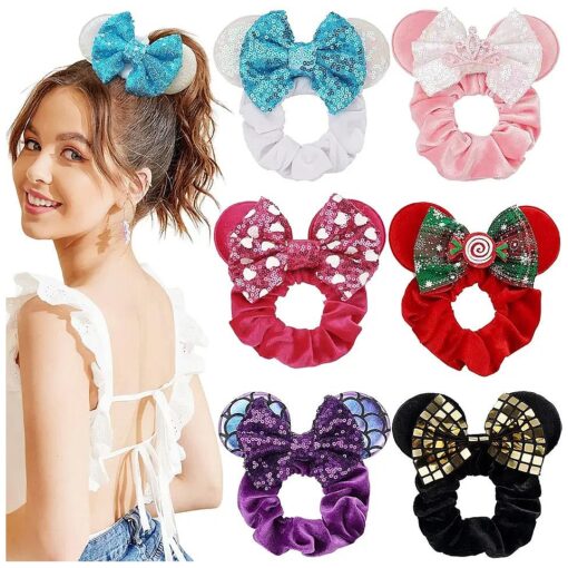 6 Pack Mouse Ears Scrunchies Velvet Sparkle Sequin Bows Hair Scrunchies Hair Ties Elastic Rubber Bands Ponytail Holders for Kids Women Girls Adult Christmas Party Decoration ( White & Black & Christmas )