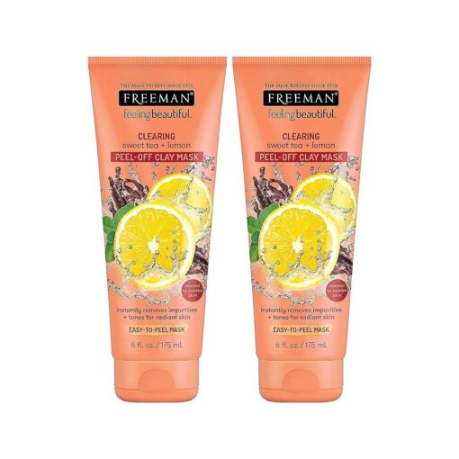 Freeman Clearing Peel Off Clay Facial Mask, Cleansing and Oil Absorbing Beauty Face Mask with Sweet Tea and Lemon, 6 oz, 2 Pack