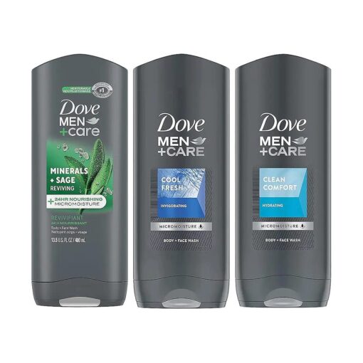 Dove Men + Care Body Wash Variety Value Pack of 3 Flavors - Clean Comfort, Cool Fresh, and Minerals + Sage - 13.5 Oz ( 400ml ) Each - International Version