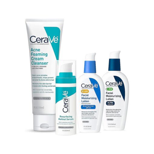 CeraVe Acne Skin Care Set | 5oz Acne Foaming Cream Cleanser + 1oz Resurfacing Retinol Serum + 2oz AM Facial Moisturizing Lotion with SPF 30 + 2oz PM Facial Moisturizing Lotion | Skin Care Routine