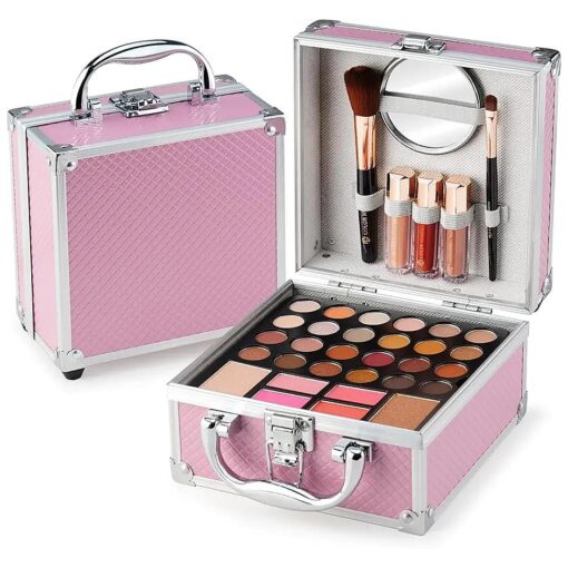 Color Nymph Beginner Makeup Kit For Teens With The Small Cosmetic Train Case Included 24-Colors Eyeshadow Palette Blushes Bronzer Highlighter Lipstick Brushes Mirror ( Pink )