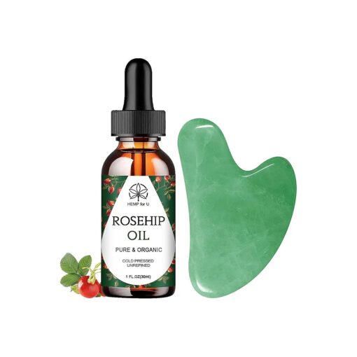 Gua Sha Massage Tools & Rosehip Oil in One Set, Nature Jade Stone Facial Gua sha Products for Skin Massage, Beauty and Moisturizing - with Nice Travel Pouch