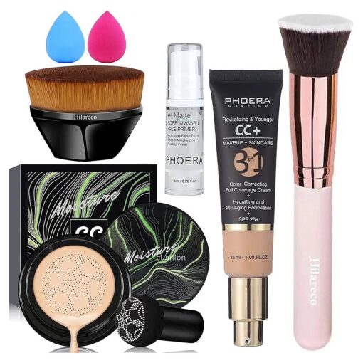 Mushroom Head Air Cushion CC Cream Natural Foundation, PHOERA CC Cream Foundation With SPF, Color Correcting Anti Aging Hydrating Serum, PHOERA Face Primer ( # 03 Warm Nude + # 120 Nude )