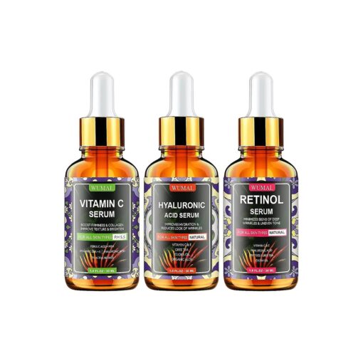 3 Pack Face Serum Set - Vitamin C Serum, Retinol Serum & Hyaluronic Acid Serum - Firming, Brightening & Hydrating - Reset Your Skin Day and Night