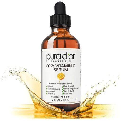 PURA D'OR 20 % Vitamin C Serum ( 4oz BEST VALUE ) Lightweight Maximum Strength Formula, Hyaluronic Acid, Retinol, Professional Grade Treatment For Face & Eyes, Dark Spots, Acne, Wrinkles, For Men & Women