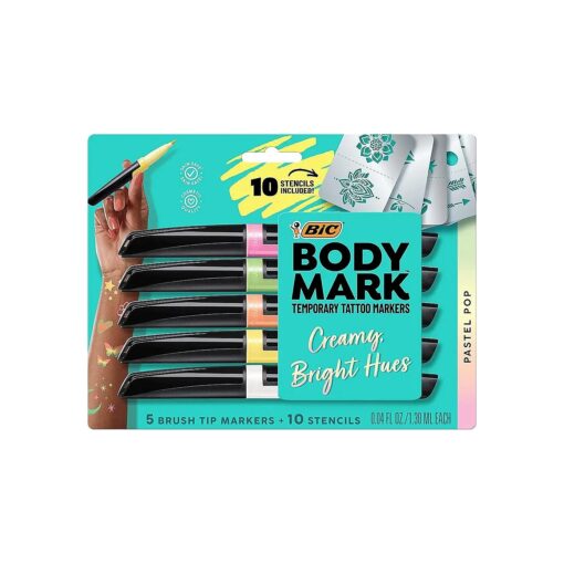 BIC BodyMark Body Art Markers, Pastel Pop, Flexible Brush Tip, 5-Count Pack of Assorted Colors, Skin-Safe, Cosmetic Quality