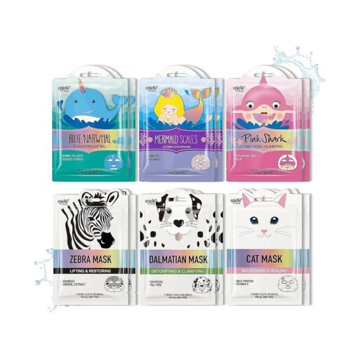 Epielle Character Sheet Masks | Dalmatian, Zebra, Cat, Shark, Narwhal, Mermaid Scale | Animal Spa Mask Korean Beauty Mask -For All Skin Types, ( Pack of 12 ) | Birthday Party Gift for her kids, Spa Day