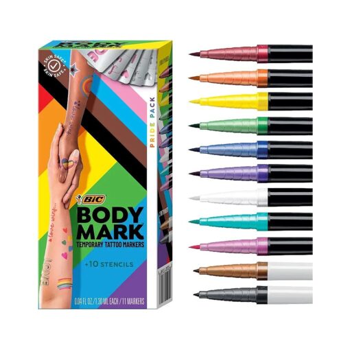 BIC BodyMark Temporary Tattoo Markers for Skin, Pride Pack, Flexible Brush Tip, 11-Count Pack of Assorted Colors, Skin-Safe, Cosmetic Quality