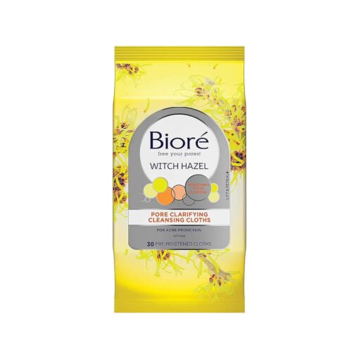 Biore Witch Hazel Wipes, Pore Clarifying Cleansing Cloths, 30 Count, with No-rinse Dirt and Oil Removal, for Acne Prone Skin