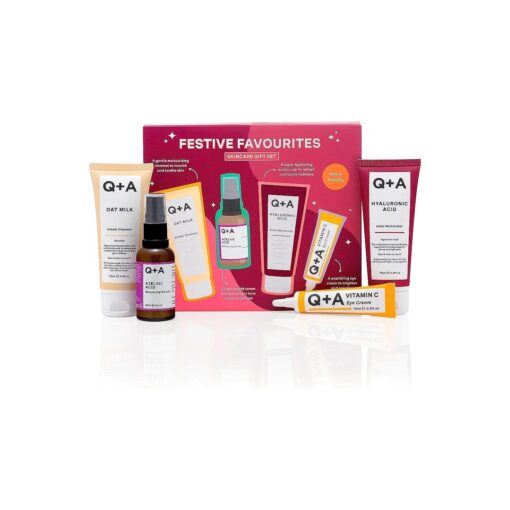 Q+A Festive Favourites Gift Set, containing a Hyaluronic Acid Moisturiser ( 75ml ), an Oat Milk Cream Cleanser ( 75ml ), an Azelaic Acid Serum ( 30ml ), and a Caffeine Eye Serum ( 15ml )