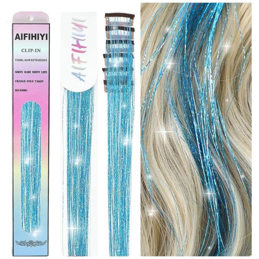 6 Pieces Clip in Hair Tinsel Heat Resistant 23.6 Inch Fairy Hair Tinsel Kit Clip in Tinsel Hair Extensions, Glitter Hair Tensile Clip in on Sparkling Hair Accessories for Women Girls Kids ( Sky Blue )