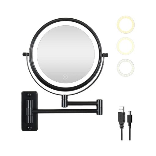 Vanity Mirror with Lights, 8" 1x /10x Double Sided Magnifying Mirror, Wall Mount Makeup Mirror with LED 3 Color Lights, Dimmable, Bathroom Lighted Cosmetic Mirror