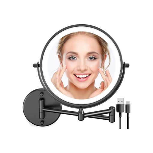 Rechargable Wall Mount Makeup Mirror in Black, Double-Sided Magnifying Mirror 1x/10x, 3 Colors Led Vanity Mirror with Lights, Touch Dimmable 360deg Rotation Foldable Light up Mirror