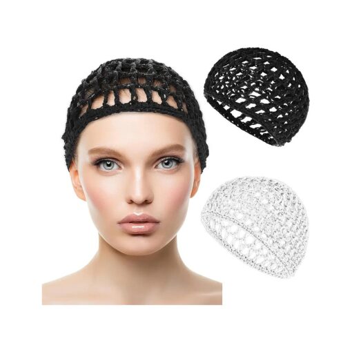 Net Shower Cap 2 PCS Drying Curly Hair Care Spa Hat Wrap Cover Stretchy Knit Nets Hairnet Mesh Crochet Sleep Back Bathing Sleeping Bonnet ( black/white )