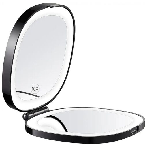 KEDSUM Lighted Travel Makeup Mirror, 1X/10X Magnifying Compact Mirror with Rechargeable LED Lights, Dimmable Double Sided Folding Mirror, Portable, Large, Daylight, USB Charging ( Black )