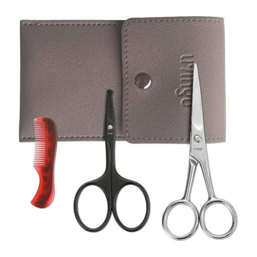 LIVINGO 4.5 inches Beard & Mustache Scissors for Men, Professional Rounded Tip Safety Sharp Stainless Steel Small Beauty Facial Nose Hair Trimming Shears Kit with Mini Comb and Leather Case