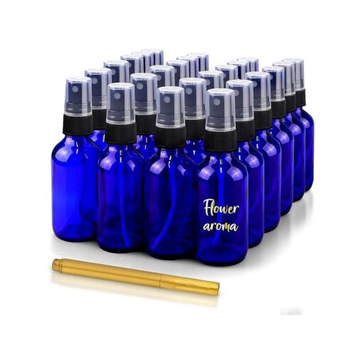 CULINAIRE 2oz Glass Spray Bottles for Essential Oils with Gold Pen Marker, Small Fine Mist Spray Bottle, Refillable, for Hair Spray, Essential Oils, Colognes, and Hand Sanitizers, Blue, Pack of 24