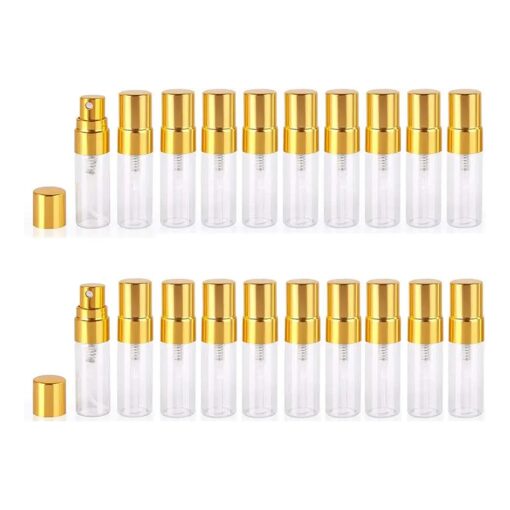 Atomizer Glass bottle Spray Bottle, 3ml Refillable Fragrance Perfume Mini Fine Mist Travel Small Empty Bottle Fragrance Clear Bottle With Aluminum Nozzle,20pcs ( Gold )