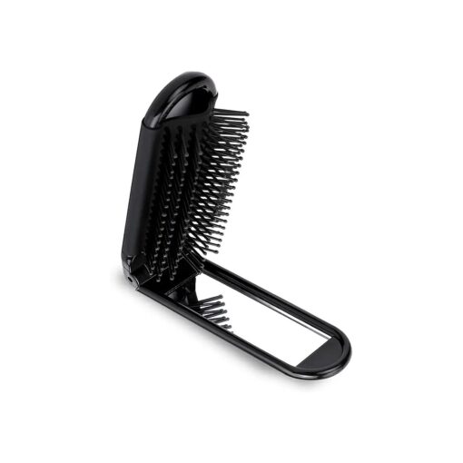 Portable Travel Hair Brush, Small Foldable Hairbrush Compact Hair Brush with Mirror and Round Tip Nylon Bristles for Women and Men, Mini Pocket Size Comb for Car Gym Bag Purse Locker ( Black )