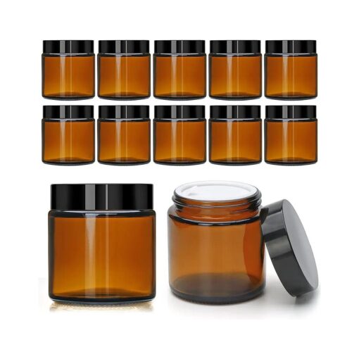 4oz Glass Amber Cosmetic Jars with Black Lids,12 Pack Empty Small Glass Jars with Inner Liners, Round Sample Container for Cream, Lotion, Ointments