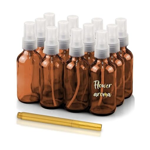 CULINAIRE 2oz Glass Spray Bottles with Gold Pen Marker, Small Fine Mist Spray Bottle, Refillable, Empty, for Hair Spray, Essential Oils, Colognes, and Hand Sanitizers, Amber, Pack of 12