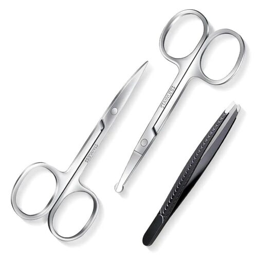 Facial Hair Small Grooming Scissors for Men Women-Curved and Rounded Nose Hair, Eyebrow, Mustache, Eyelashes, Beard Trimming Scissors Kit-Safety Blunt Tip Baby Nail Scissors with Eyebrow Tweezers Set