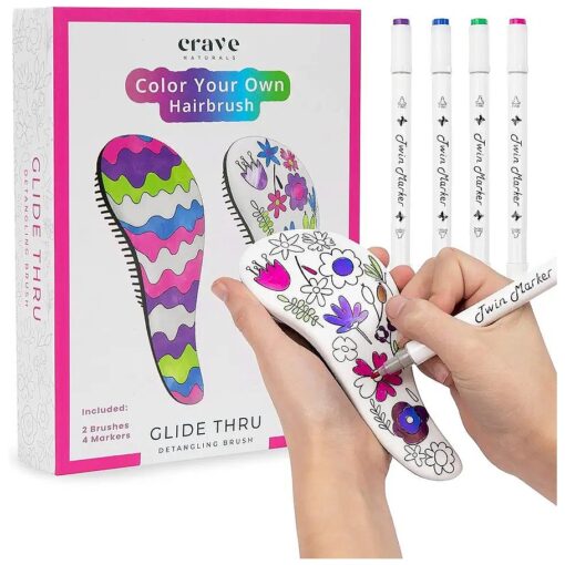 Crave Naturals Color Your Own Small Kids Hair Brush, 2pk - Kids Arts & Crafts, Mini Hair Brush, Small Brush, Toddler Brush, Detangler Brush - Activities for Kids 4-8, Crafts for Kids ( Wavy/Flower )