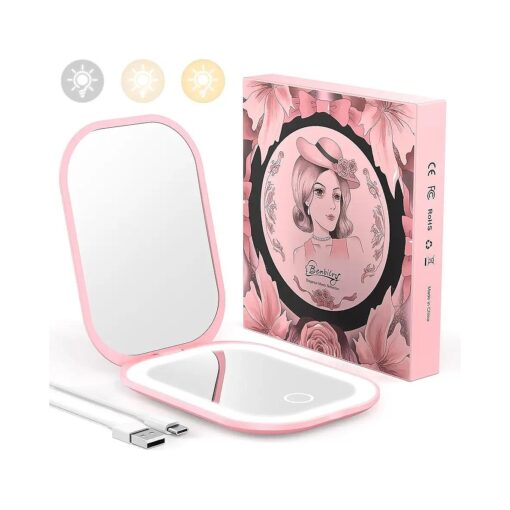 Benbilry Compact Mirror with 3 Color LED Lights, Rechargeable & 360deg Light Strip & Memory, 1X/3X Travel Mirror, Ultra Slim Pocket Mirror, Small Lighted Compact Makeup Mirror for Purse, Light Pink