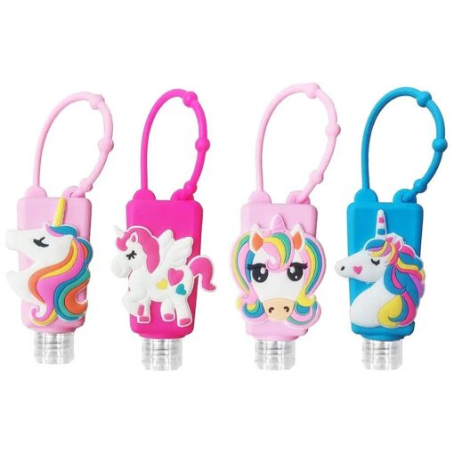 4Pcs Unicorn Kids Empty Travel Bottles for toiletries Detachable Hand Sanitizer Holder with Silicone Case Leak Proof Travel Size Cartoon Cute Essentials Toiletries Refillable Containers